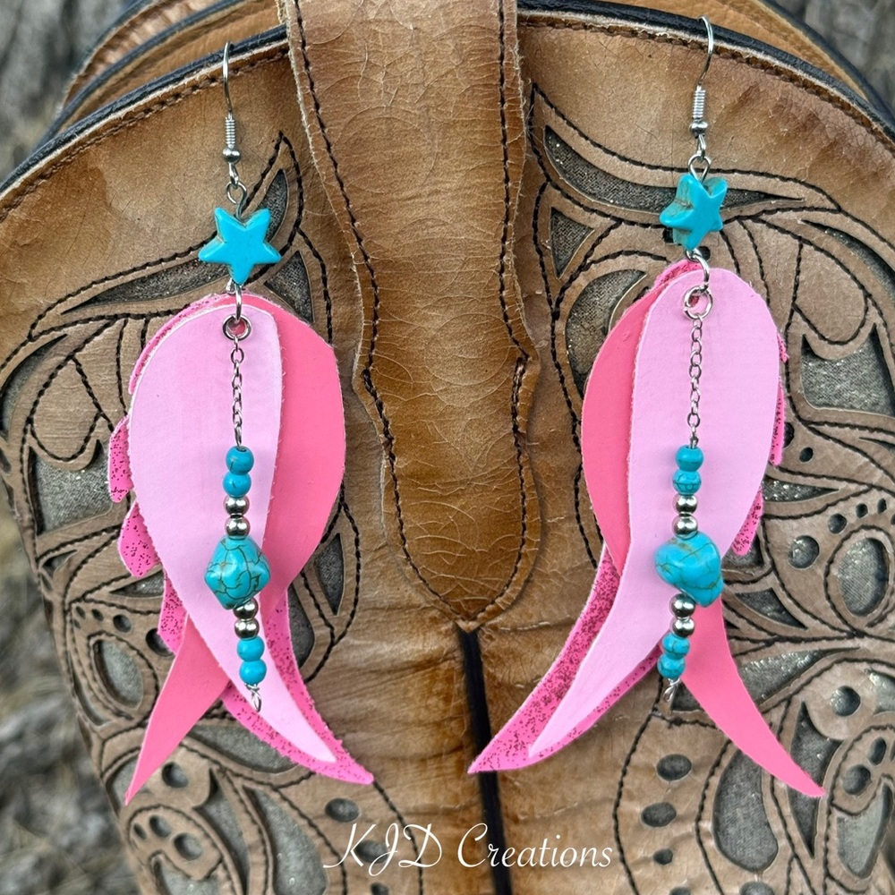 Western Boho faux leather feather long dangle earring with beads chain accents